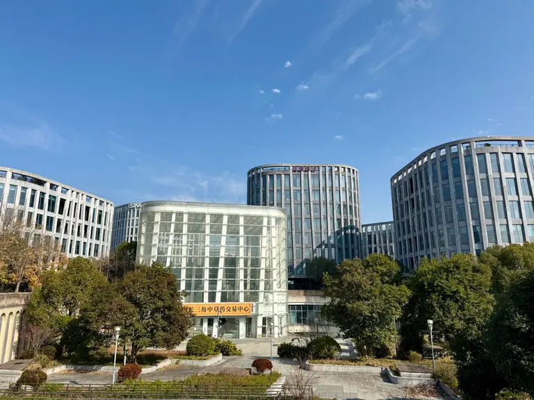 Contemporary office buildings framed by lush greenery in sunny Zhangjiang, Shanghai.